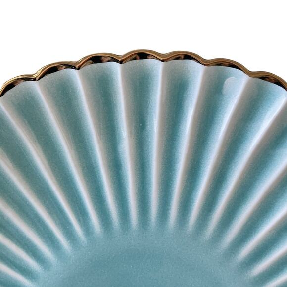 Aqua Ceramic Dinner Plates 11" Turquoise Scalloped Edge Gold Accent Set of 4 New - Picture 3 of 16